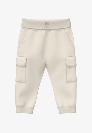 Pantalones cargo color crema con una textura suave, que cuentan con dos bolsillos laterales y dos bolsillos cargo, cinturilla elástica y puños acanalados.