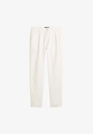 Pantalons en lin blanc à coupe décontractée, dotés d'une taille à cordon, de poches latérales et d'une texture lisse et légère.