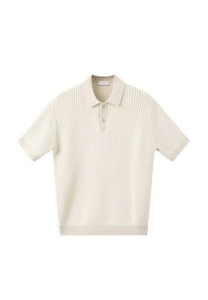 Kratka majica polo iz kremaste pletenine z teksturiranim vzorcem, dva gumba na sprednji strani ter rebrastim ovratnikom, manšetami in robom.