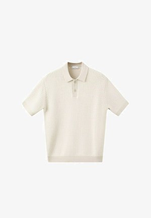 Kratka majica polo iz kremaste pletenine z teksturiranim vzorcem, dva gumba na sprednji strani ter rebrastim ovratnikom, manšetami in robom.