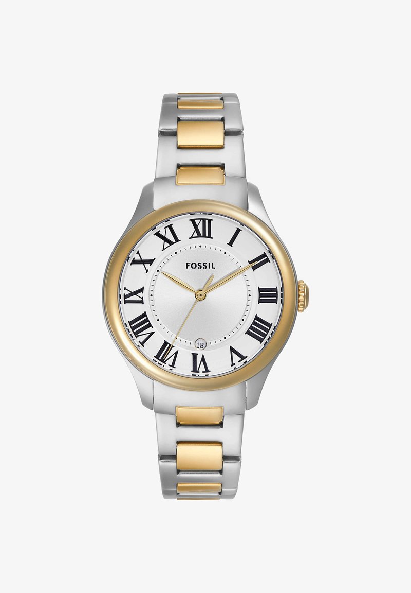 Montre-bracelet Fossil argent et or avec chiffres romains, lunette dorée, affichage de la date à 6 heures et bracelet à maillons métalliques.