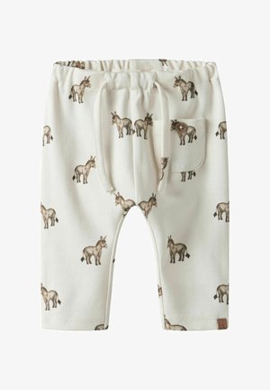 Roomkleurige babybroek met bruine ezelprints, elastische tailleband, trekkoord en een klein voorvakje aan de rechterkant.