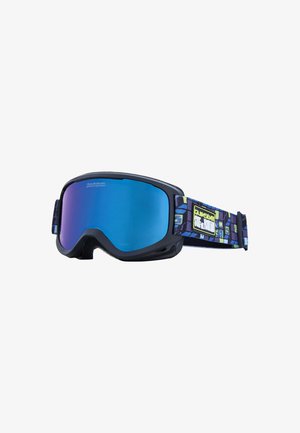Sneeuwgoggles met een blauwe spiegellens, een zwart frame en een patroonriem met geometrische ontwerpen in blauw, groen en zwart.