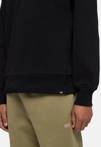 Zwarte sweatshirt met geribbelde manchetten en onderrand, voorzien van een klein logo label. Gecombineerd met olijfgroene sweatpants met een geborduurd logo.
