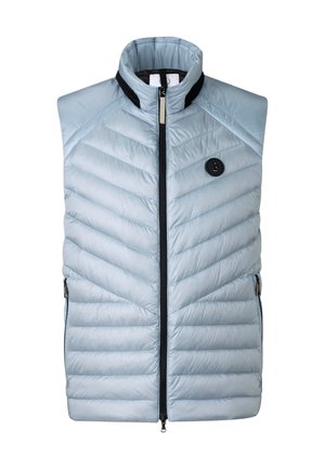 Světlomodrá bezrukávová vatovaná vesta s vysokým límcem, diagonálním prošíváním, předním zapínáním na zip a dvěma zipovými bočními kapsami.