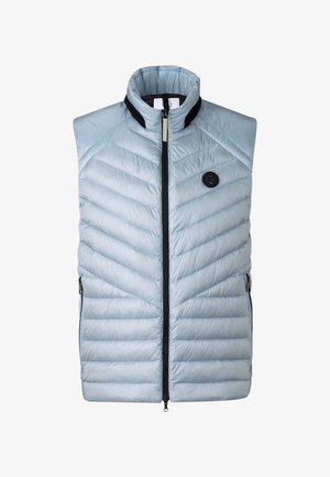 Veste matelassée sans manches bleu clair avec col montant, motif matelassé diagonal, fermeture éclair frontale et deux poches latérales zippées.