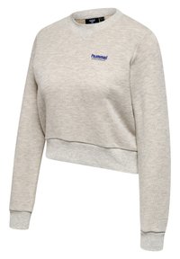 Lysegrå cropped sweatshirt med lange ærmer, ribstrikkede manchetter og blåt "hummel sportswear" logo på brystet.