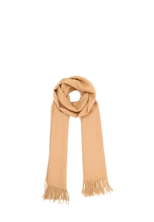 Sciarpa beige realizzata in morbido tessuto, con una superficie liscia e bordi frangiati. La sua forma rettangolare allungata consente di essere indossata in modo versatile.
