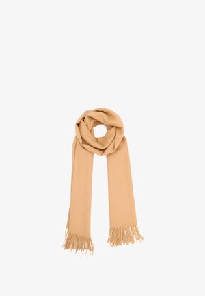 Sciarpa beige realizzata in morbido tessuto, con una superficie liscia e bordi frangiati. La sua forma rettangolare allungata consente di essere indossata in modo versatile.