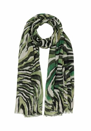 Grüne und schwarze Zebra-musterte Schal aus leichtem Material, mit Fransenenden und einem fließenden Design für Vielseitigkeit.