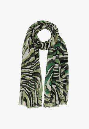 Grüne und schwarze Zebra-musterte Schal aus leichtem Material, mit Fransenenden und einem fließenden Design für Vielseitigkeit.