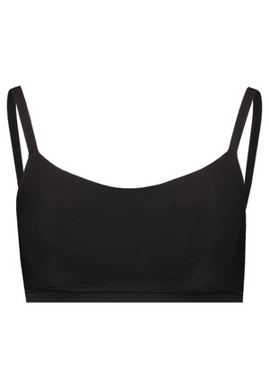 Black bralette with thin adjustable straps, seamless design, soft texture, and wide underband for support. Smooth, stretch fabric.