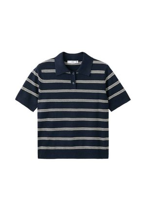 Tricou polo bleumarin cu mâneci scurte, cu dungi orizontale albe și guler cu două nasturi.