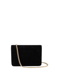 Borsa a tracolla in suede nero con una catena dorata. Presenta una forma rettangolare e una texture liscia. Design minimalista senza hardware visibile.