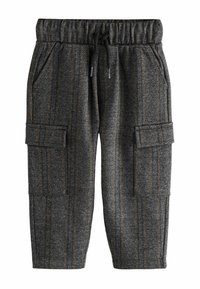 Graue Cargo-Hosen mit orangefarbenen vertikalen Streifen, elastischem Bund, Kordelzugverschluss und zwei seitlichen Taschen mit Klappen. Strukturierter Stoff.