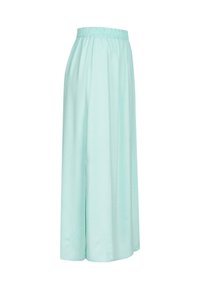 Pantalones de pierna ancha en verde menta claro con cintura elástica, hechos de un material suave y ligero, con una textura suave y fluida.