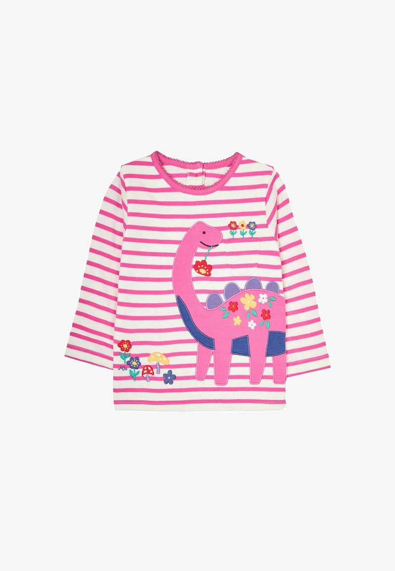 Langarmshirt gestreift in Pink und Weiß mit einem großen lila Dinosaurier, der über Blumendesigns sowie kleinen gestickten Blumen und Pilzen verfügt.