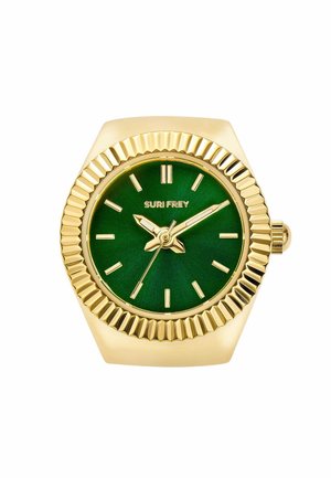 Goldfarbene Uhr mit hexagonalem Gehäuse, grünem Zifferblatt, goldenen Stundenmarkierungen und Stunden-/Minutenzeigern. Text "SURI FREY" in der Mitte. Strukturierte Lünette.