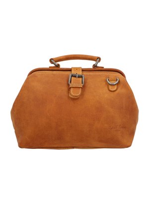 Braune Lederhandtasche mit strukturiertem Design, Metallbeschlägen, einem oberen Griff und genähten Details. Verfügt über einen gesicherten Verschluss und ein eingeprägtes Logo.