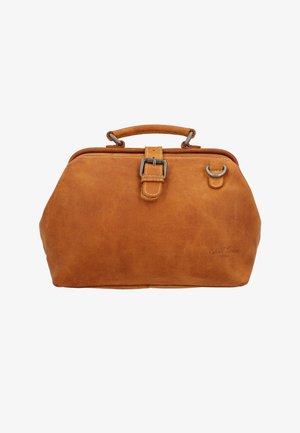 Bruine leren handtas met een gestructureerde vorm, metalen hardware, bovenhandvat en gestikte details. Bevat een veilige sluiting en een logo-afdruk.