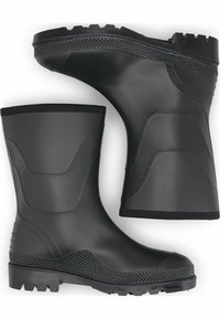 Zwarte rubberen laarzen met een gestructureerde gripzool, een glad bovenste gedeelte en een ronde neus; heeft een patroonaccent langs de zijkant.