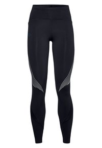 Leggings neri realizzati in materiale elastico con una cintura alta. Presentano strisce curve bianche e dettagli in rete testurizzata sulla parte inferiore delle gambe.