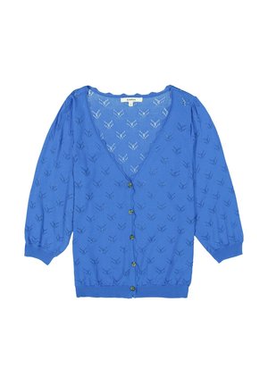 Blauer gestrickter Cardigan mit V-Ausschnitt, Puffärmeln und grünen Knöpfen. Er zeichnet sich durch ein strukturiertes Muster von kleinen, wiederholten Formen aus.