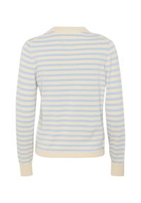 Pull en maille à manches longues avec rayures horizontales crème et bleu clair, poignets, ourlet et col côtelés, vu de dos.