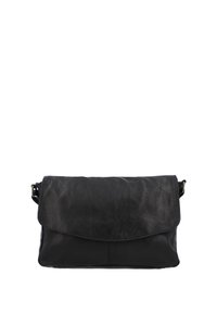 Schwarze Leder-Clutch mit einem umklappbaren Deckel, glatter Textur und einem verstellbaren Gurt. Minimalistisches Design ohne zusätzliche Akzente.