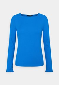 Blå långärmad topp med fyrkantig halsringning, tillverkad av bomull. Har volangärmar vid ärmsluten. Slät textur.