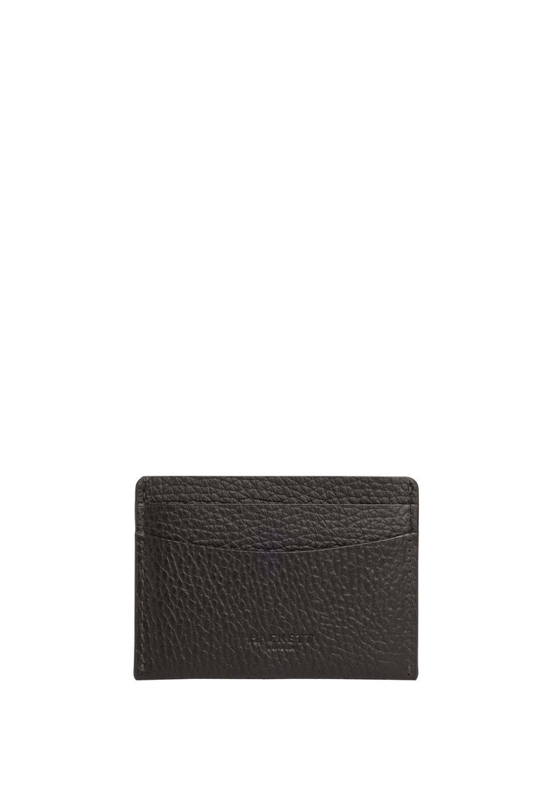 Black leather cardholder featuring a textured surface, four card slots, and a logo embossed on the front. Compact rectangular shape.