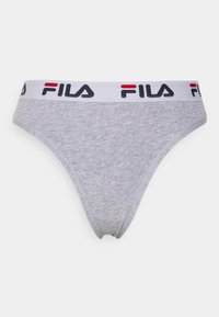Culotte de bikini en coton gris avec une ceinture élastique blanche ornée du logo "FILA" en noir et rouge. Texture douce, design taille basse.