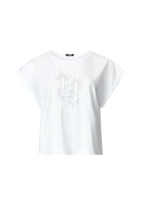 T-shirt blanc en coton avec des manches dolman courtes, présentant un design en strass "LJ" entouré d'accents d'éclat à l'avant.
