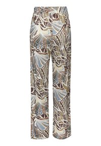 Wide-leg pants featuring a brown, beige, and blue floral pattern, with an elastic waistband and smooth, lightweight fabric.