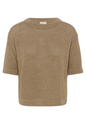 Suéter de punto de manga corta en beige con cuello redondo y corte relajado, con dobladillo y puños acanalados.