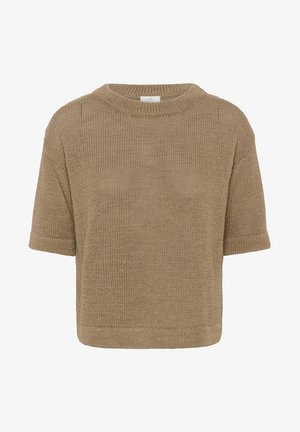 Kratek pulover z dolgimi rokavi v bež barvi z okroglim izrezom in sproščenim krojem, s rebrastim spodnjim robom in manšetami na rokavih.