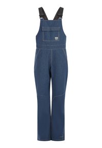 Denim blauwe overalls met een klepzak aan de voorkant, verstelbare zwarte bandjes en een recht model, met zichtbare tan stitching.