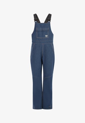 Denim blue overalls with front pocket flap, adjustable black straps, and straight-leg design, featuring visible tan stitching.