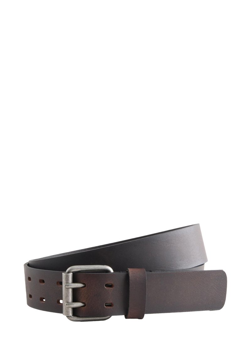 Cintura in pelle marrone con fibbia metallica, caratterizzata da più fori per regolazioni, texture liscia e design minimalista.