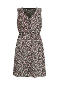 Robe noire sans manches avec un motif floral rose et blanc, présentant un décolleté en V et une taille élastique pour un ajustement décontracté.