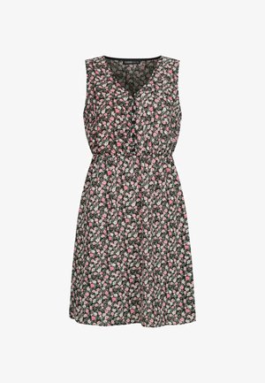 Svart ermeløs kjole med blomsterdesign i rosa og hvitt, med V-hals og elastisk midje for en avslappet passform.
