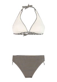 Bikiniset bestaande uit een witte driehoekige top met zwart-wit gestreepte koordjes en hooggetailleerde zwart-wit gestreepte broekjes.