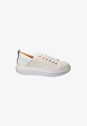 White sneaker with woven textile upper, lace-up design, smooth leather heel accent, and thick white rubber sole.