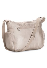 Beige nylon shoulder bag with a zippered main compartment, side pocket, and adjustable strap. Smooth texture with subtle sheen.