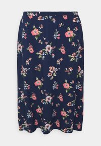 Jupe midi florale en tissu bleu marine avec une taille élastique. Présente des motifs floraux roses, bleus et verts sur l'ensemble. Texture douce.