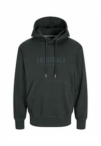 Ciemnozielona bluza z kapturem z frontową kieszenią, sznurkiem przy kapturze i nadrukowanym logo "ORIGINALS JACK & JONES". Miękki materiał, ścięgny przy mankietach.