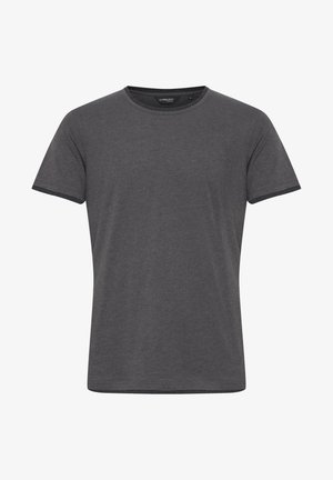 Tmavě šedé tričko s krátkým rukávem z měkké látky, s kulatým výstřihem, jednobarevné a s kontrastním lemem na rukávech a límci.