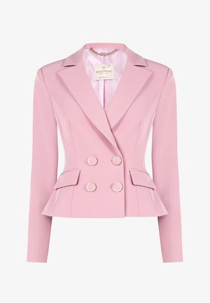 Veste pink doublée en tissu lisse avec des manches longues, des revers crantés et des accents circulaires en ton doré sur les poches.