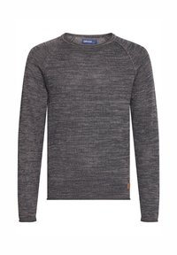 Dunkelgrauer, langärmeliger Pullover mit strukturiertem Strick, Rundhalsausschnitt und Rippbündchen. Mit einem kleinen Markenetikett am Saum.