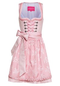 Tradycyjny różowy dirndl z kwiatowym wzorem, związywanej góry, satynową kokardą i falbaną na końcu. Posiada dopasowaną talię i gustowne akcenty.